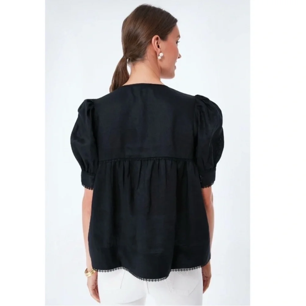 Tuckernuck After Hours Indra Linen Puff Sleeve Blouse in Black Size M - Picture 3 of 8